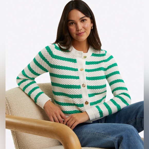 NWT Draper James Rita crewneck green & white striped cardigan size large - Picture 6 of 7